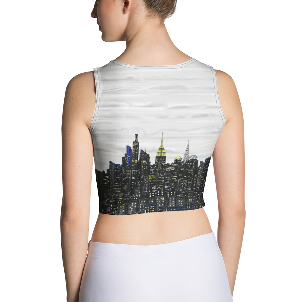 Back of Person wearing a crop top with a cityscape Loria NYC Art design on a white background