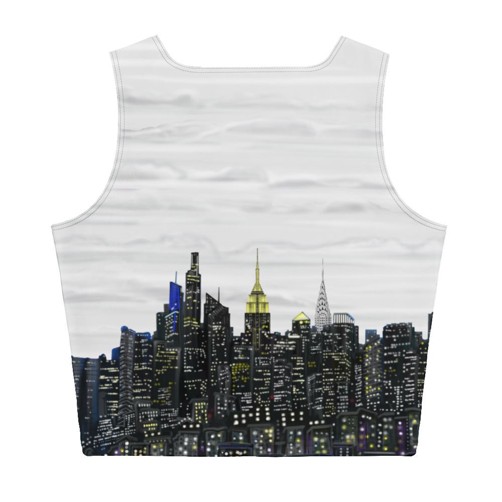 White tank top with a city skyline Loria NYC Art design on a white background
