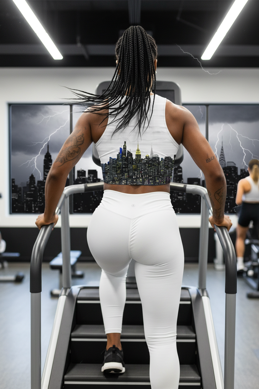 Person exercising on a treadmill in a gym setting wearing a Loria NYC Art crop top shirt with cityscape 