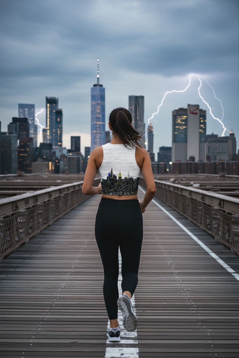 Person running on a bridge wearing a Loria NYC Art city skyline shirt with lightning in the background