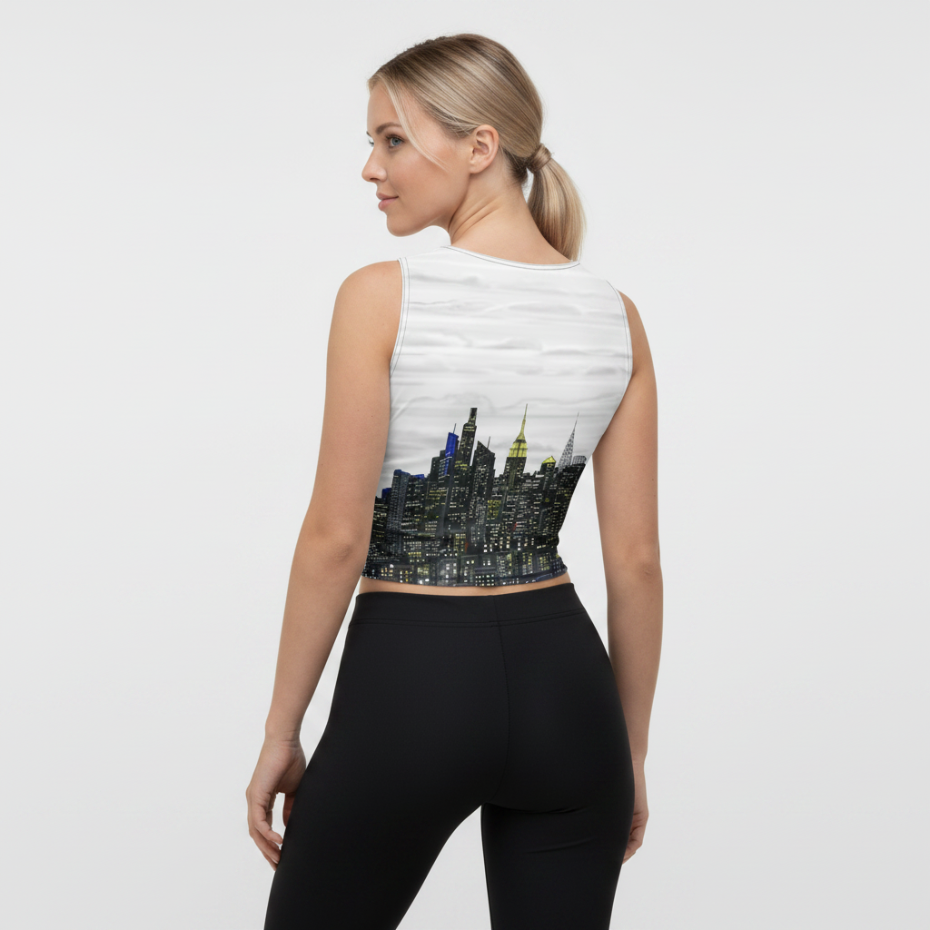 Woman wearing a sleeveless crop top with a cityscape Loria NYC Art design on a plain background