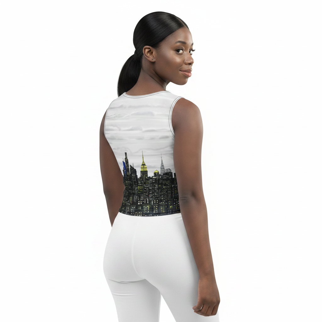 Woman wearing a sleeveless top with a cityscape Loria NYC Art design on a white background