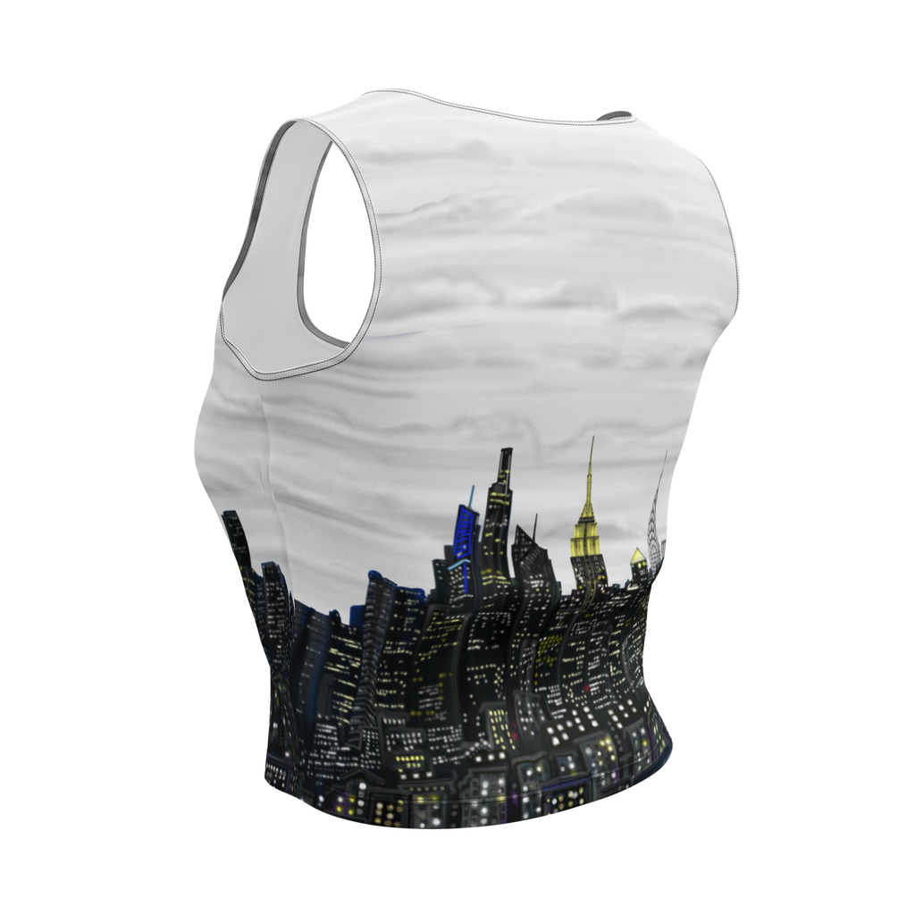 Sleeveless top with cityscape Loria NYC Art design on a white background