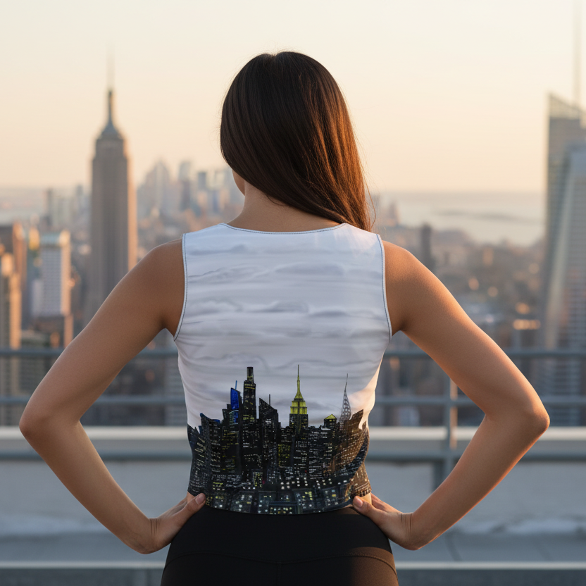 Person wearing a sleeveless Loria NYC Art top with a cityscape design, standing on a rooftop with a city skyline in the background.