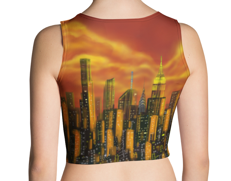 Person wearing a sleeveless top with a cityscape Loria NYC Art design on a white background