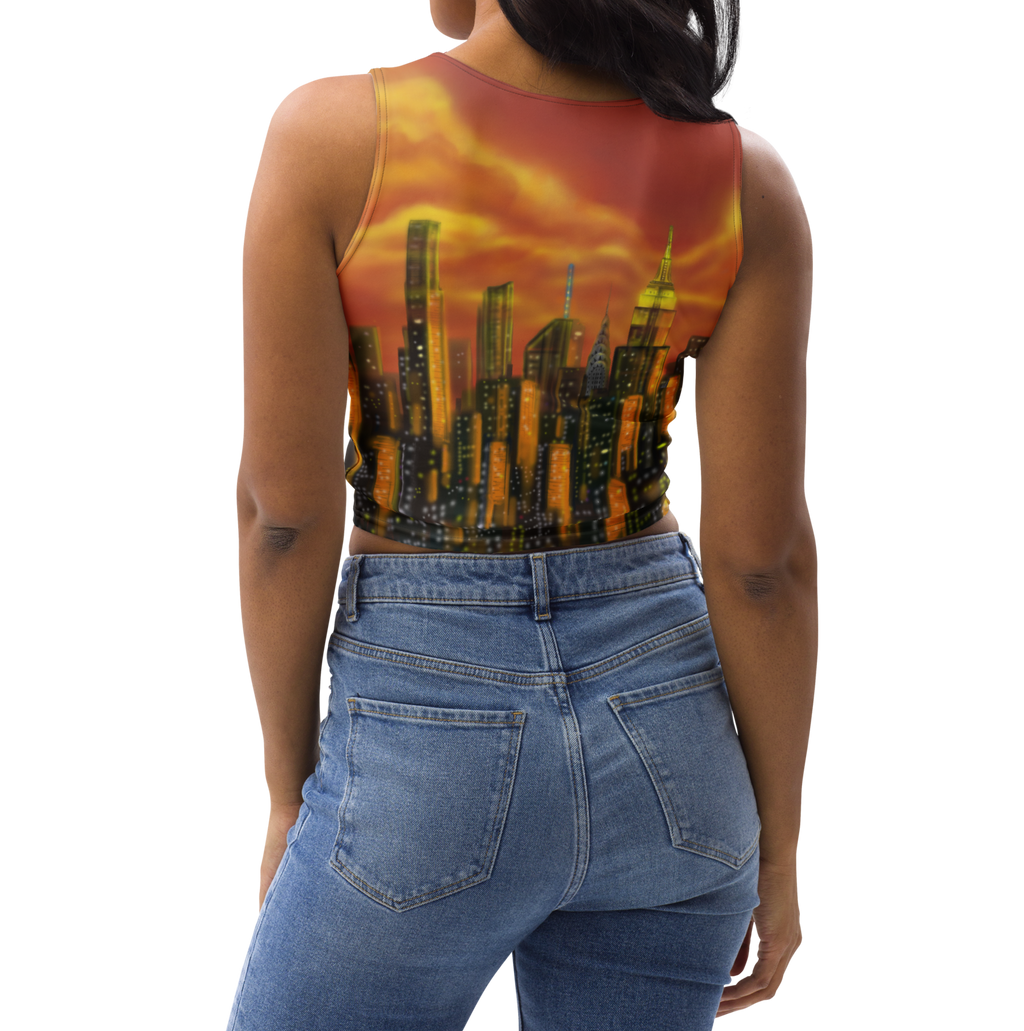 Person wearing a sleeveless Loria NYC Art top with a cityscape design on a white background