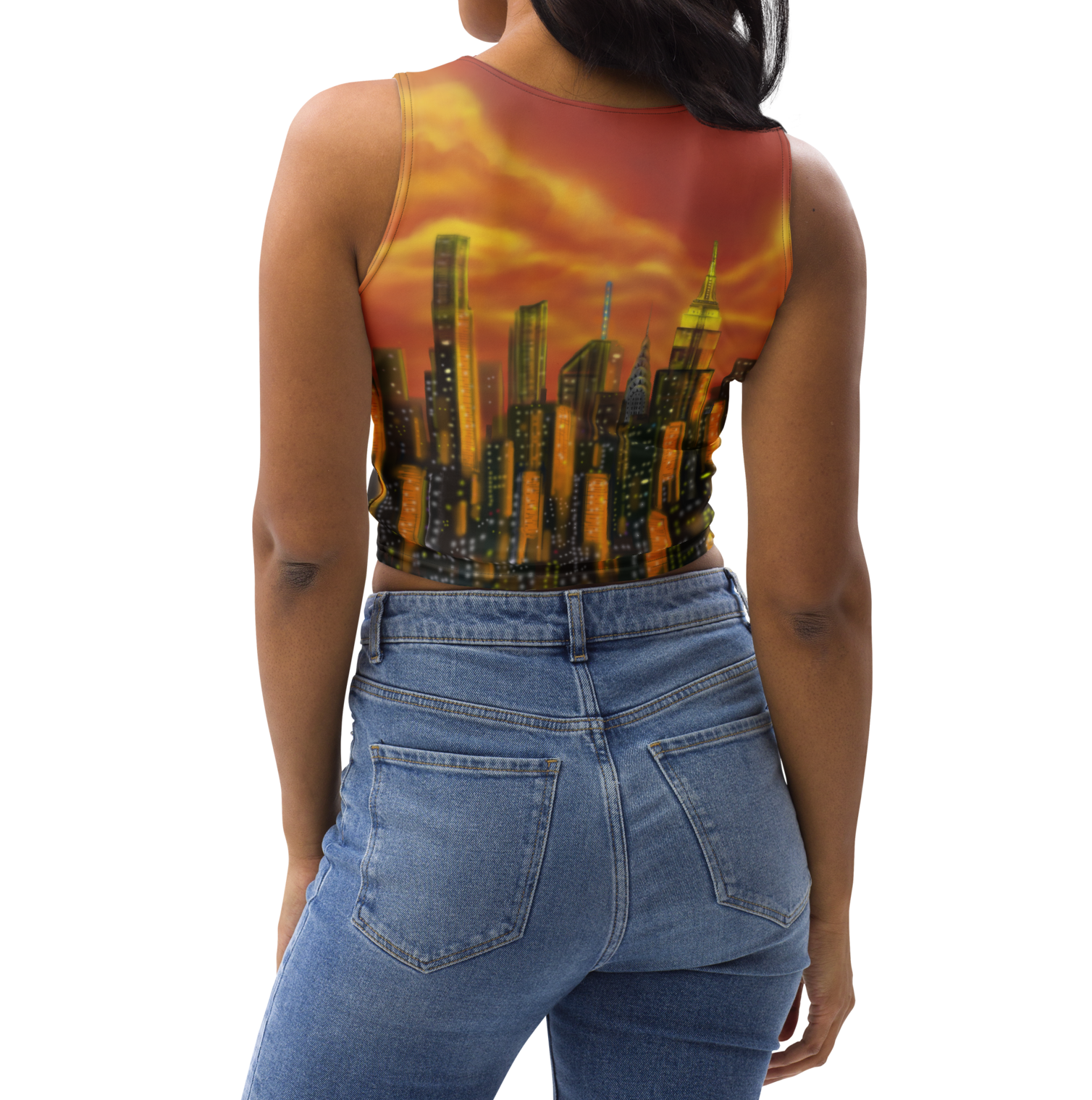 Person wearing a sleeveless Loria NYC Art top with a cityscape design on a white background