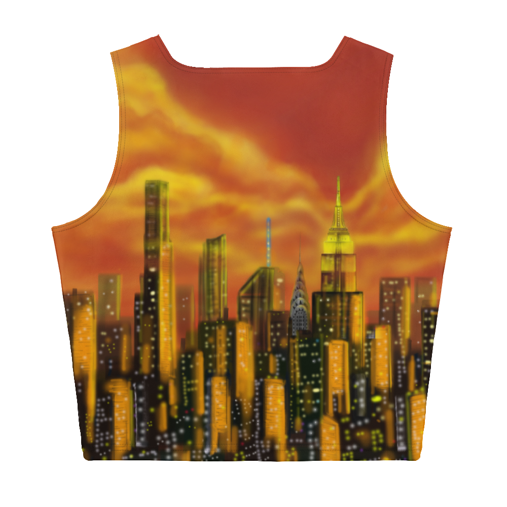 Back of Tank top with a cityscape Loria NYC Art design featuring tall buildings and a sunset sky.