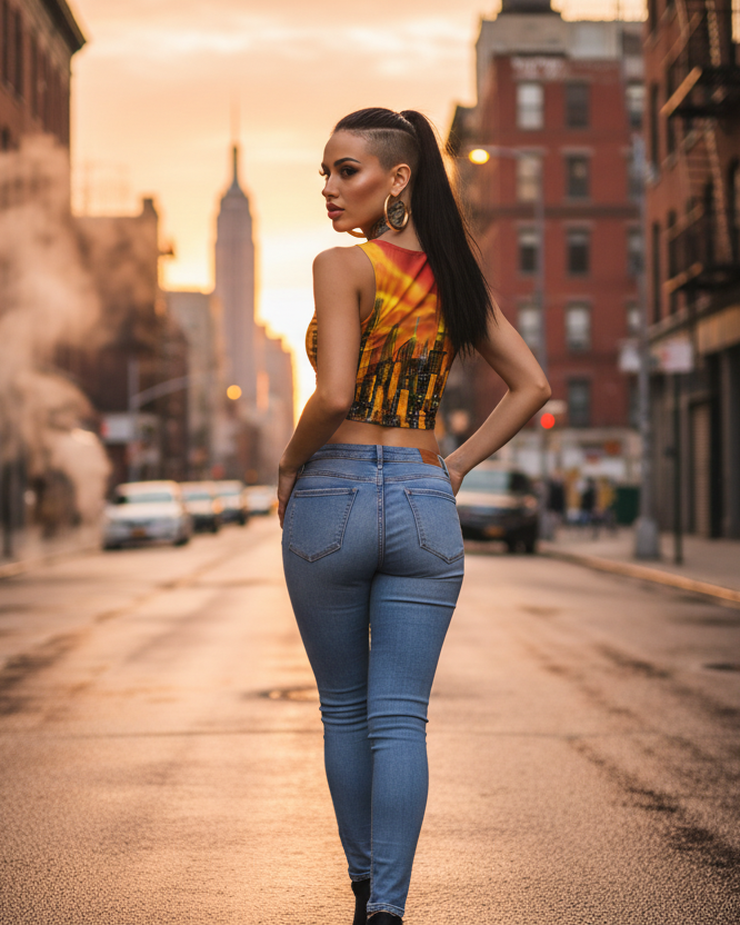 Woman in a colorful Loria NYC Art top and blue jeans standing on a city street with buildings and sunset in the background