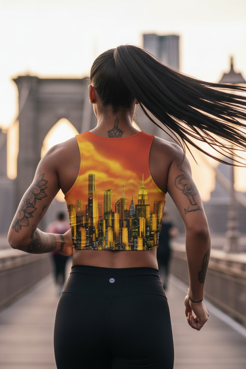 Person running on a bridge wearing a city skyline Loria NYC Art tank top  
