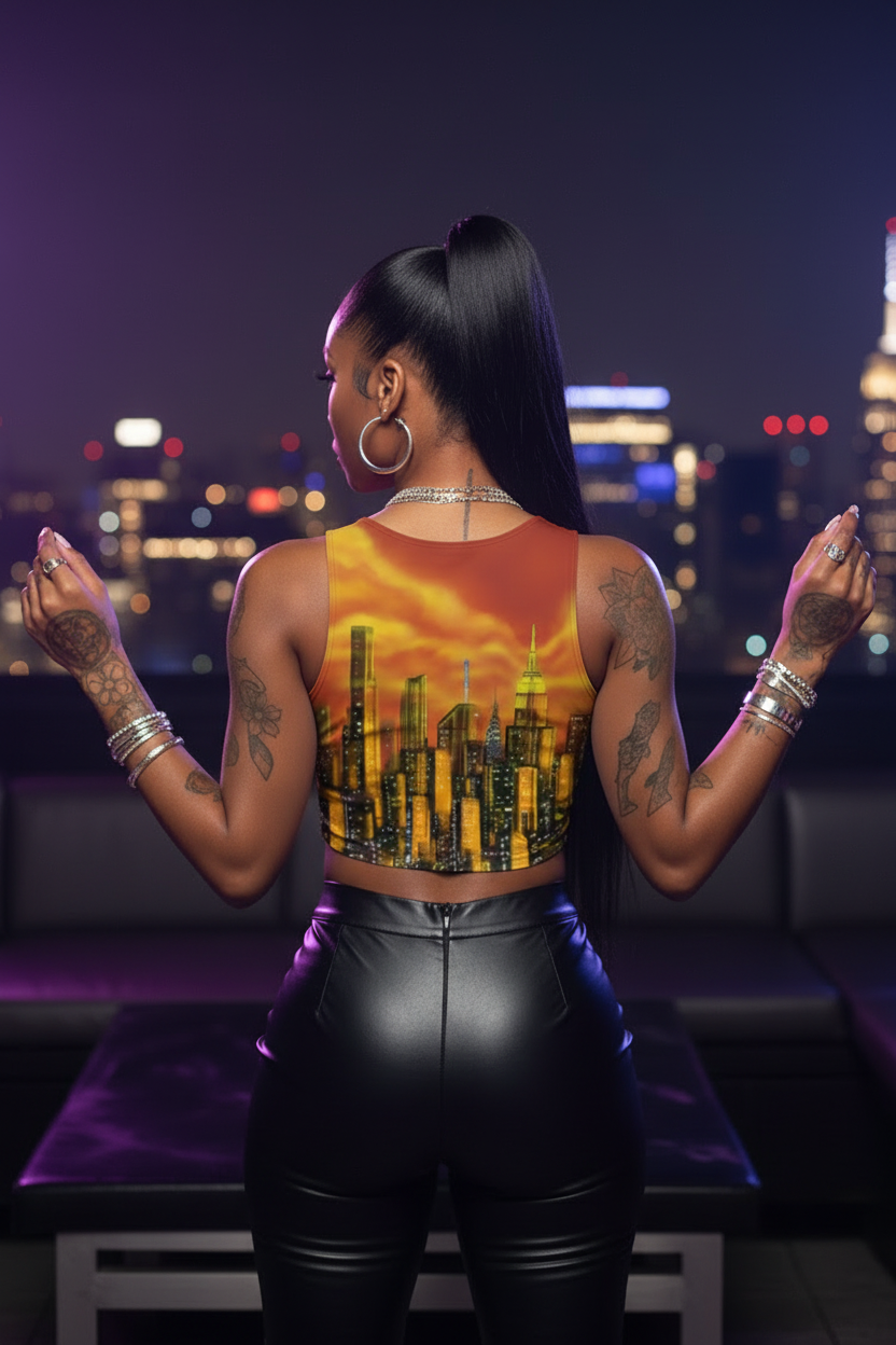 Woman with a cityscape Loria NYC Art design on her back standing against a night cityscape.