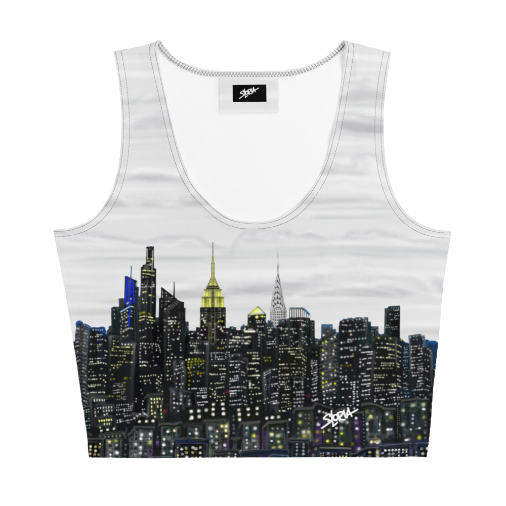 White tank top with a Loria NYC Art cityscape design on a white background