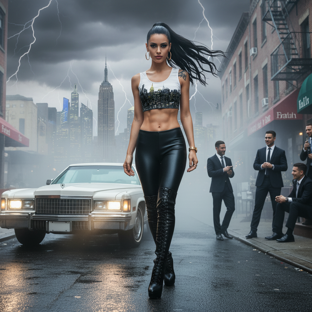 Woman in a stylish Loria NYC Art shirt walking on a city street with a car and people in suits in the background.