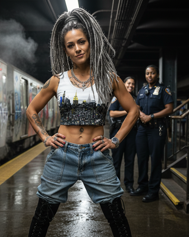 Person wearing a skyline Loria NYC Art shirt with styled hair standing in a subway station with police officers in the background