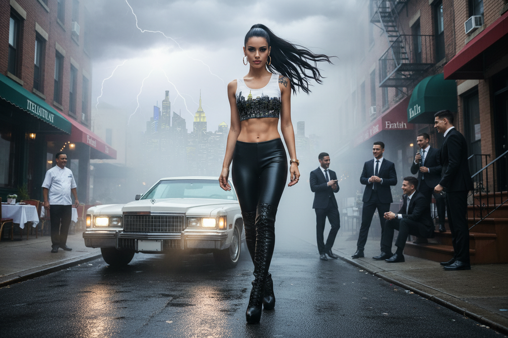 Woman in a stylish Loria NYC Art shirt walking on a city street with a car and people in suits in the background