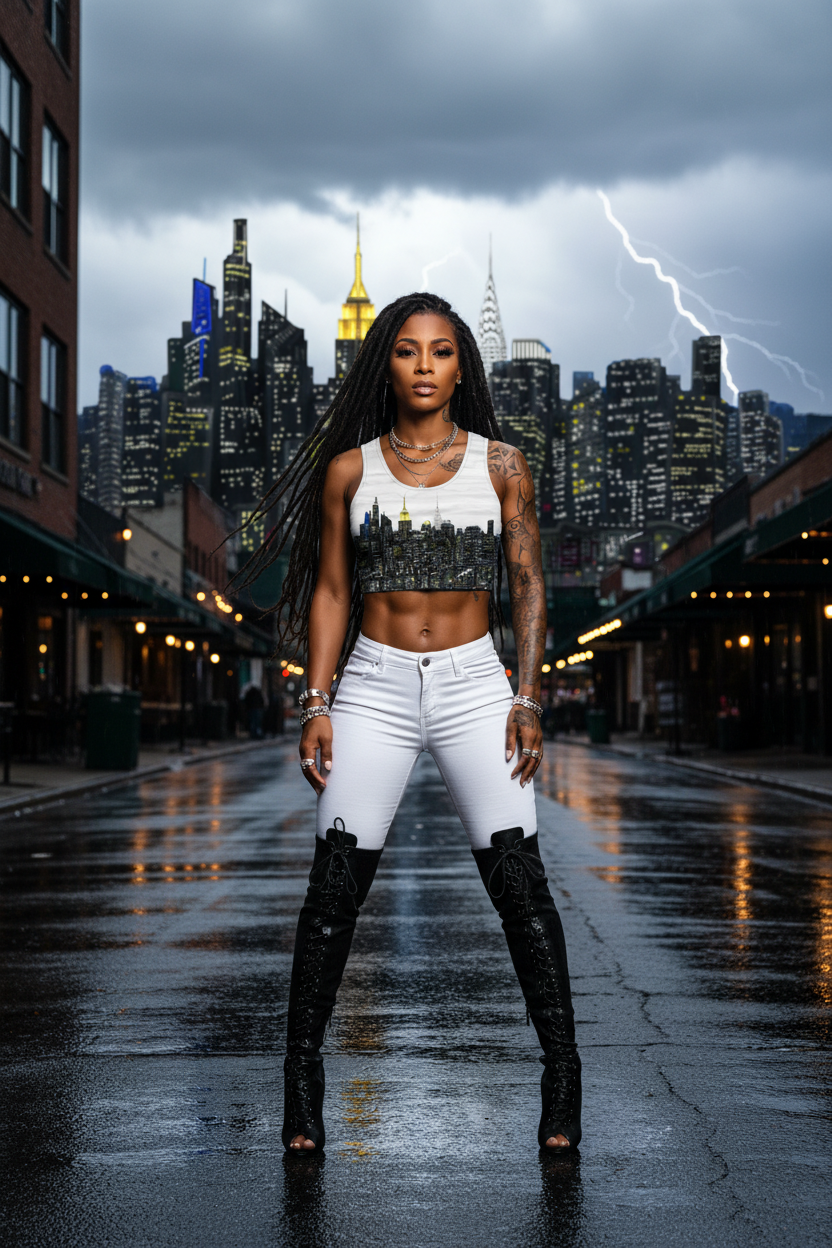 Woman standing in a city street with a stormy sky and lightning wearing a Loria NYC Art crop top shirt