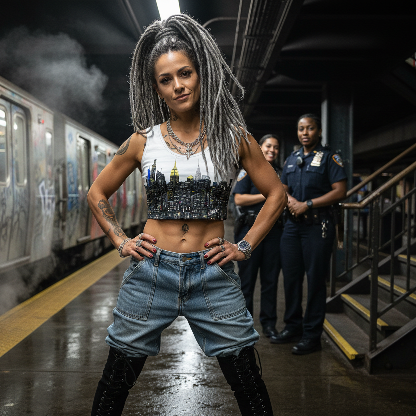 Person with braided hair standing on a subway platform with graffiti, wearing a Loria NYC Art crop top shirt