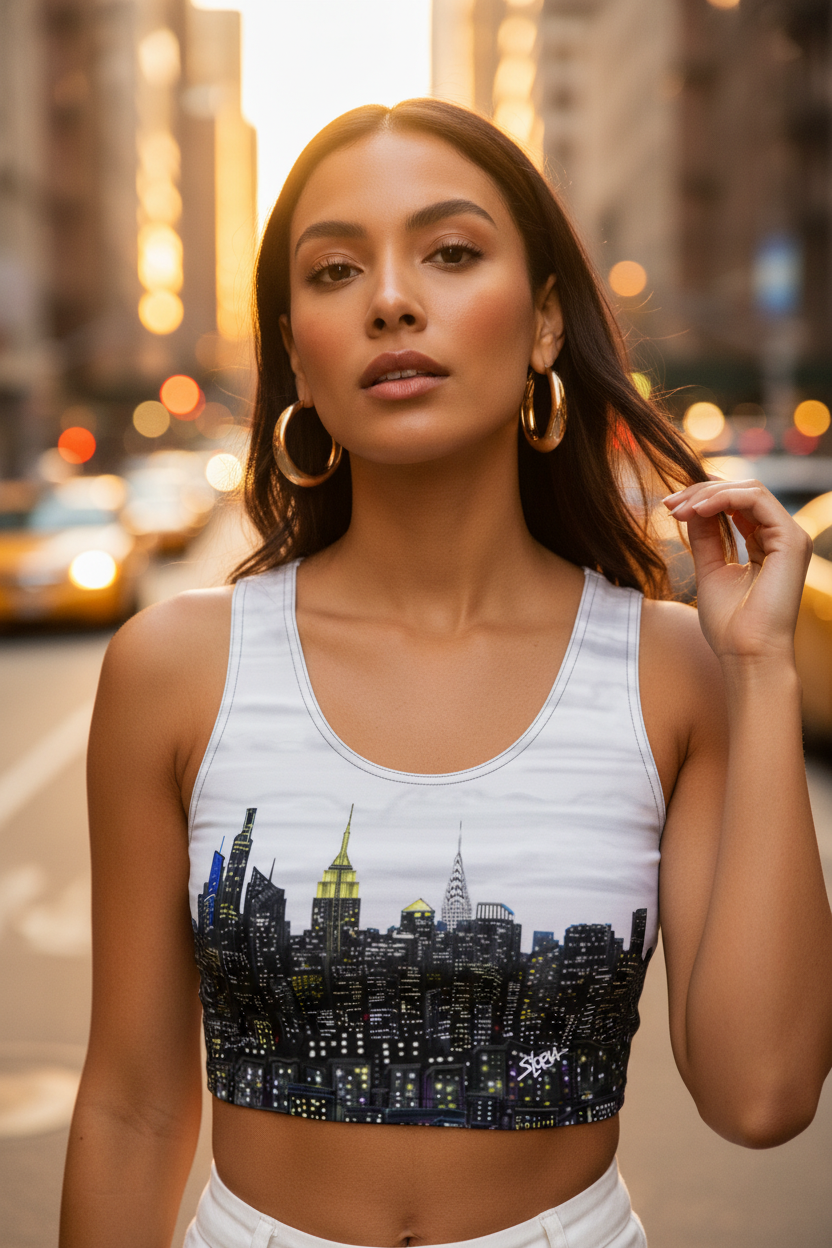 Woman wearing a Loria NYC Art tank top with a cityscape design on a city street.