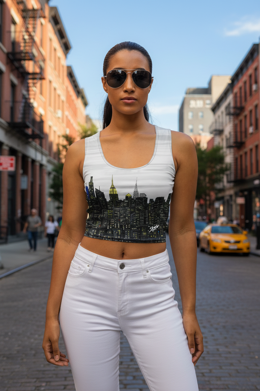 Woman wearing a sleeveless Loria NYC Art crop top with a cityscape design and high-waisted jeans on a urban background