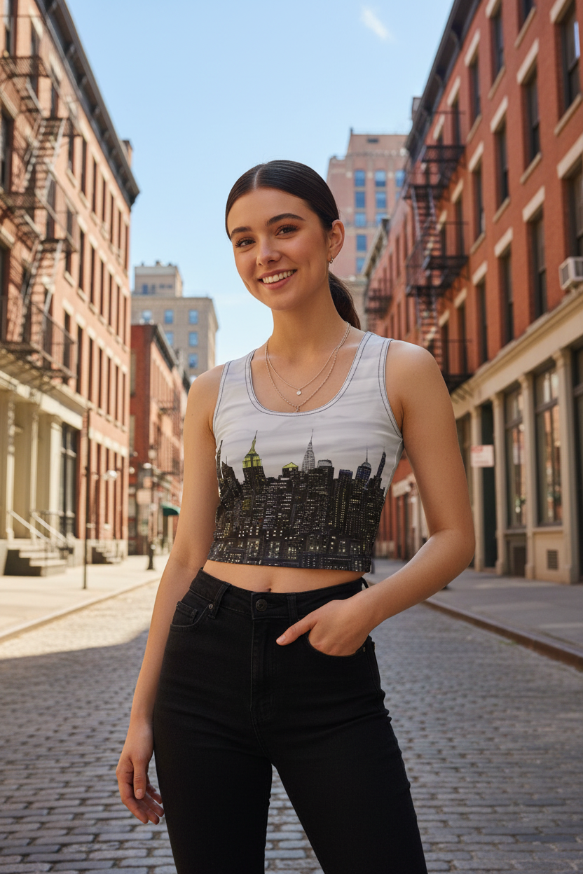 Woman wearing a Loria NYC Art graphic tank top, against a urban background