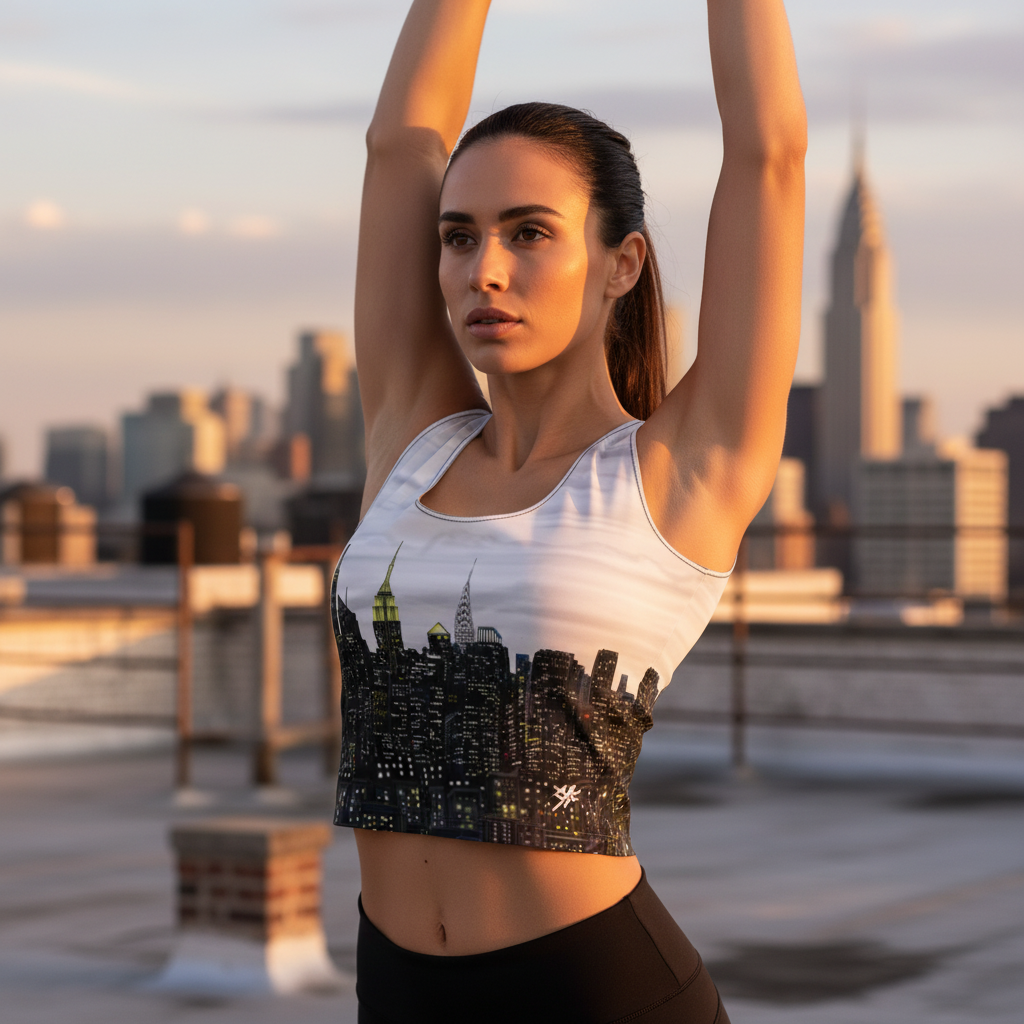 Woman in athletic Loria NYC Artwear with cityscape design on a rooftop at sunset
