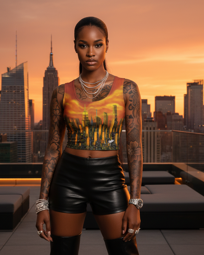 Woman with tattoos standing on a rooftop with a city skyline Loria NYC Art shirt during sunset.