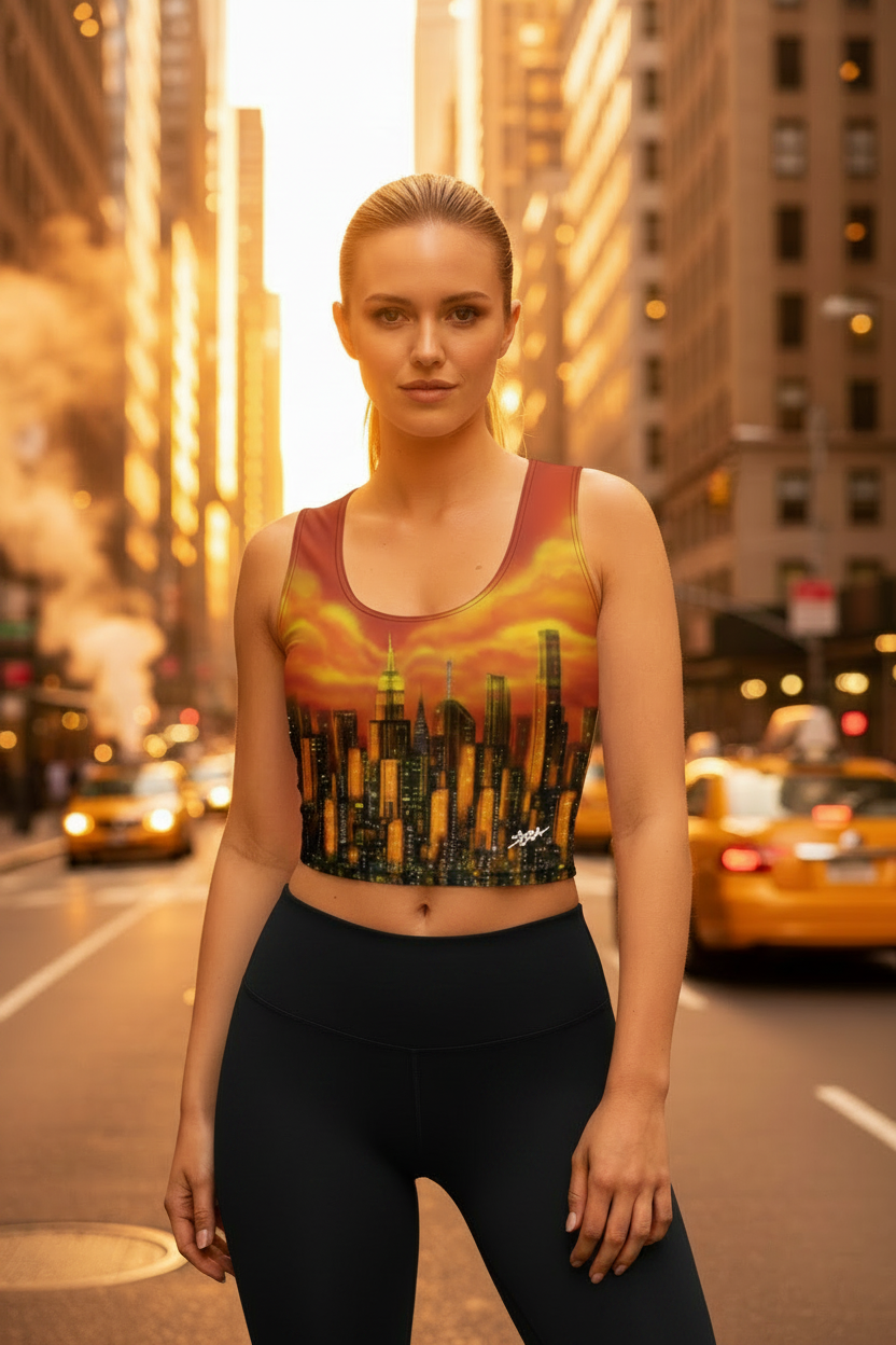 Front of a Woman wearing a crop top with a cityscape Loria NYC Art design on a urban background