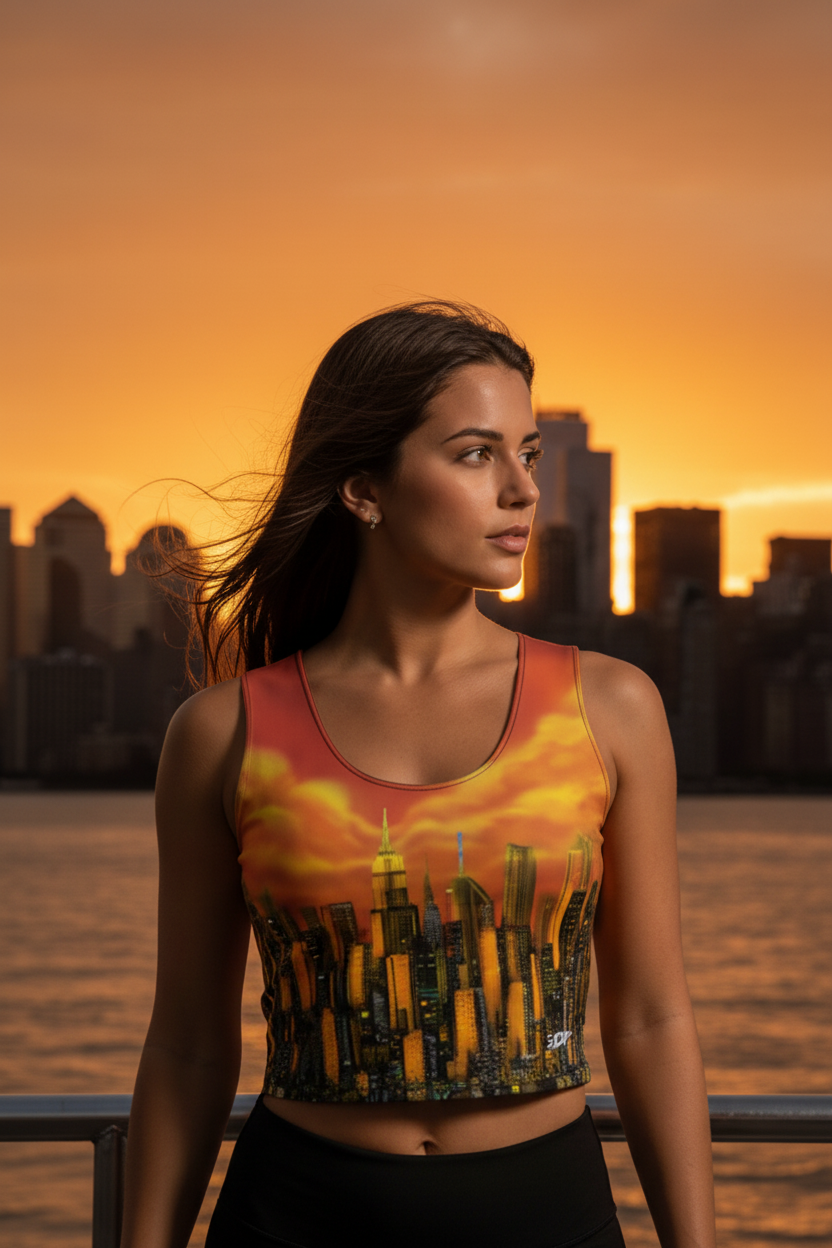 Woman standing by a waterfront wearing a Loria NYC Art city skyline shirt during sunset.