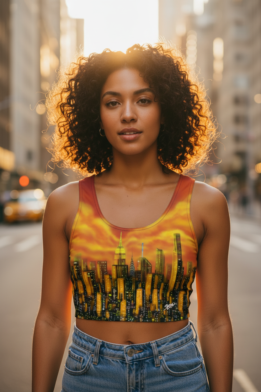Woman wearing a colorful crop top with a cityscape Loria NYC Art design on a city street.