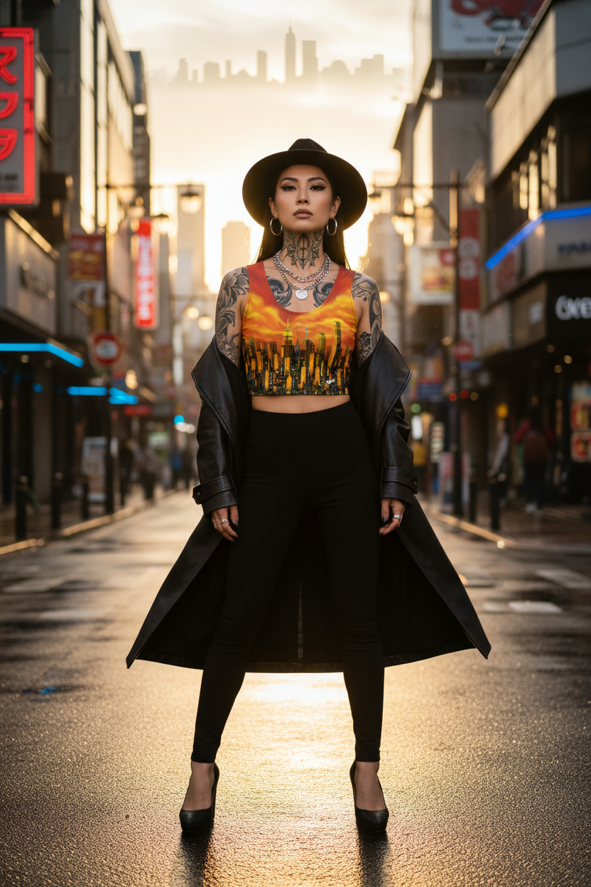 Woman wearing a colorful Loria NYC Art shirt with tattoos standing on a city street at sunset