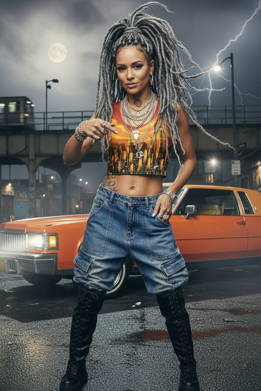 Woman wearing a colorful Loria NYC Art. Shirt with styled hair standing in front of an orange car under a stormy sky.