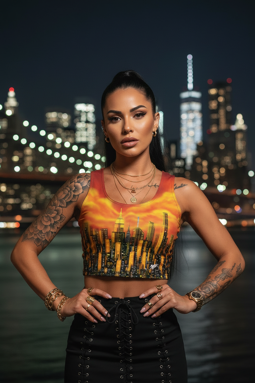 Woman with tattoos wearing a city skyline Loria NYC Art shirt at night.