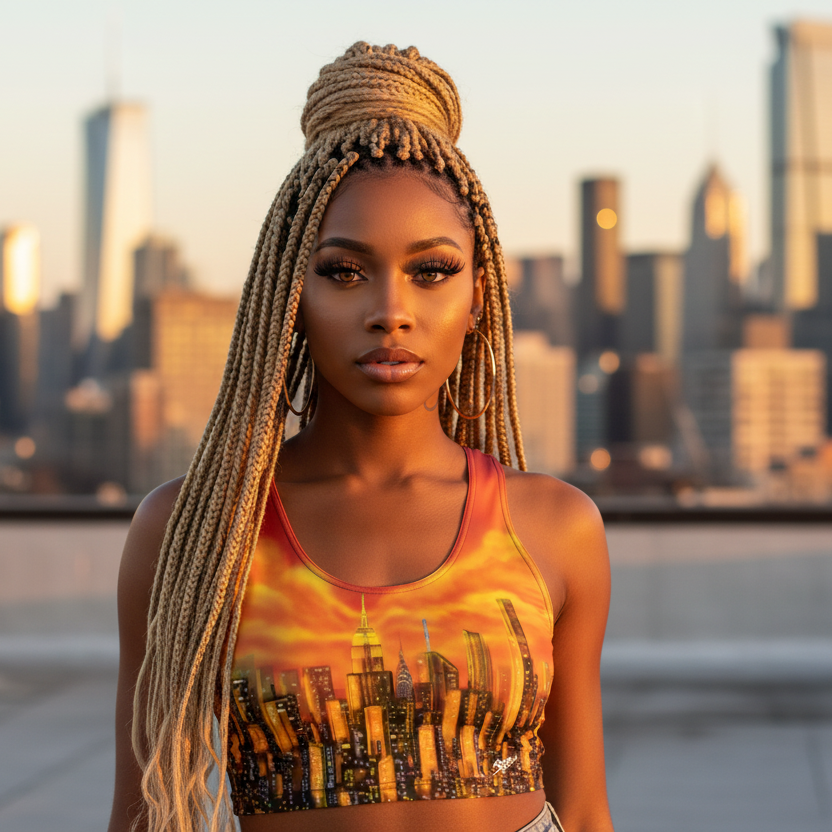 Woman with braided hair standing on a rooftop with a city Loria NYC Art skyline shirt 