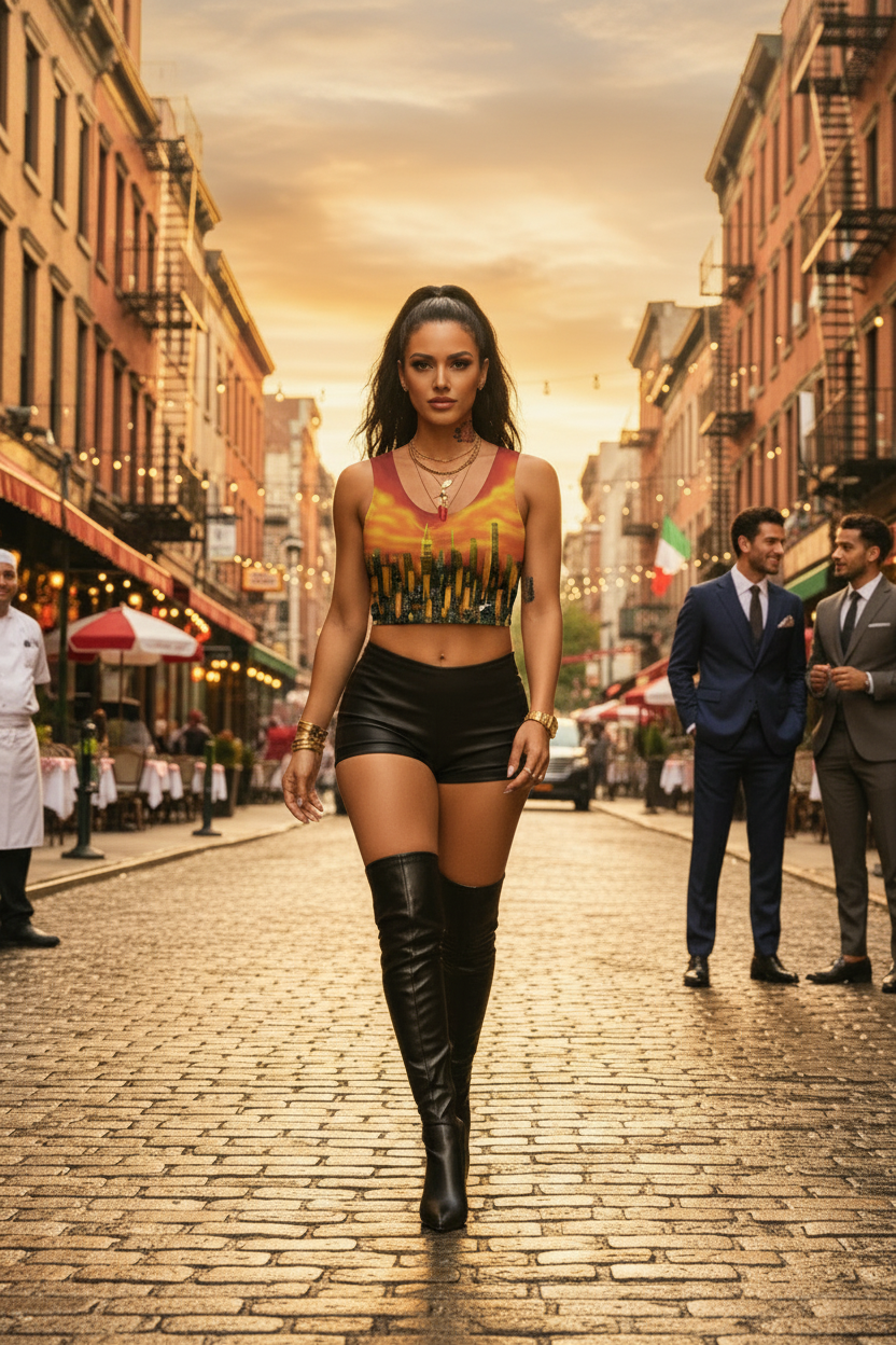 Woman walking down a city street wearing a colorful Loria NYC Art top and black leather outfit.