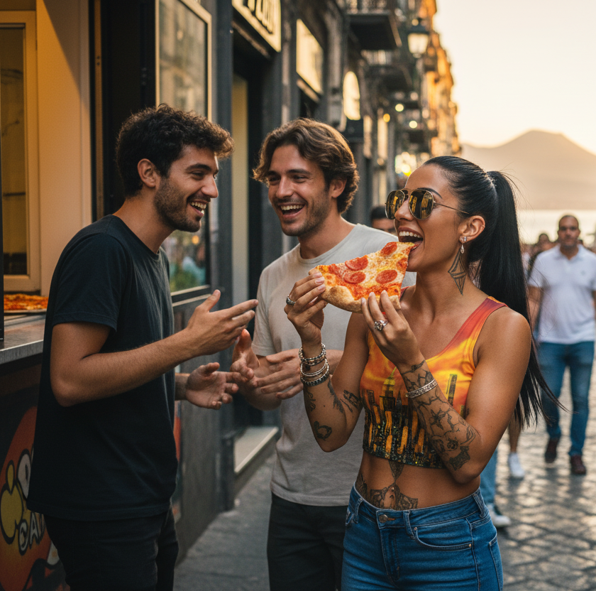 Women wearing colorful Loria NYC Art shirt enjoying pizza outside with others in an urban setting.