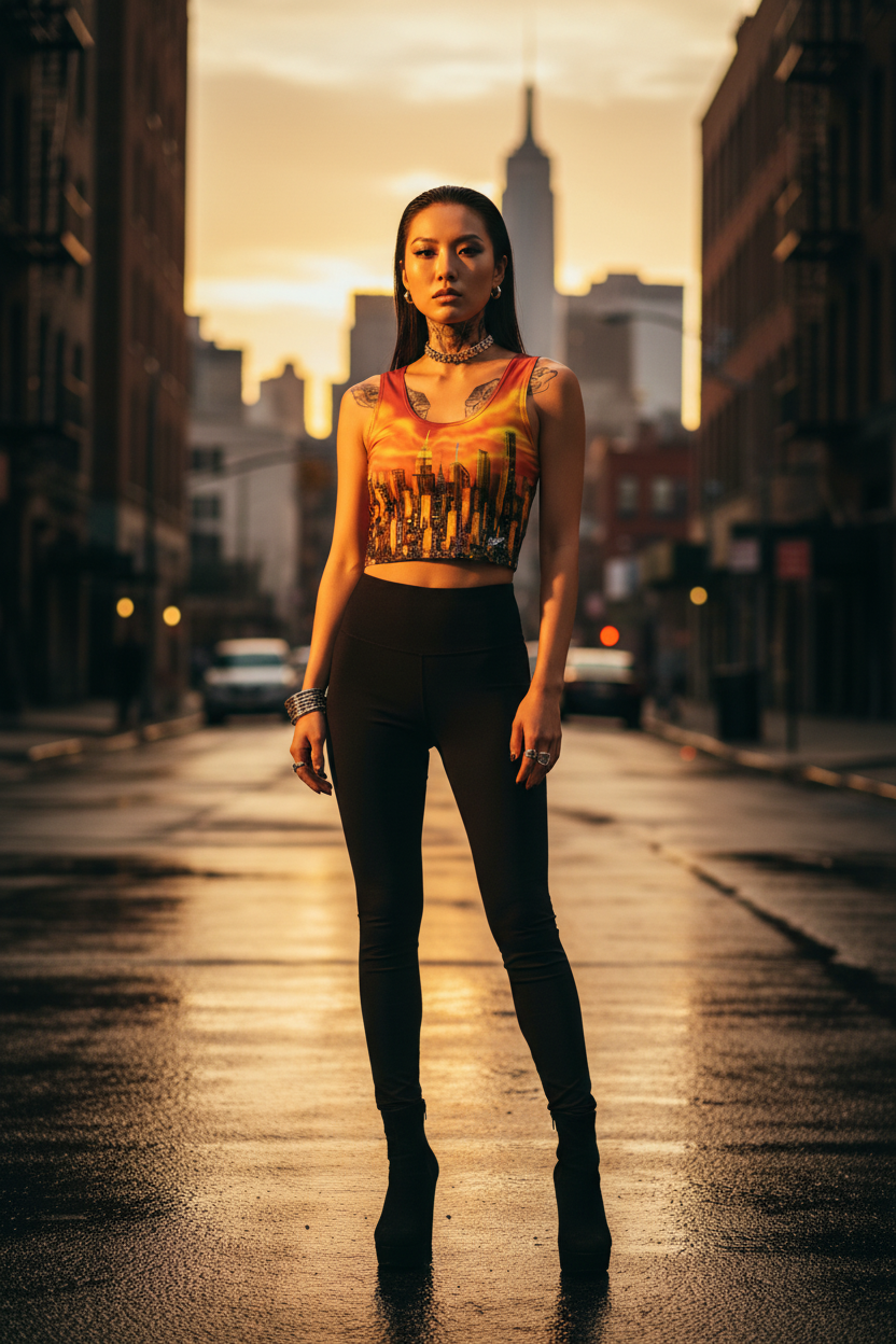 Woman wearing a Loria NYC Art shirt standing on a city street with a blurred background