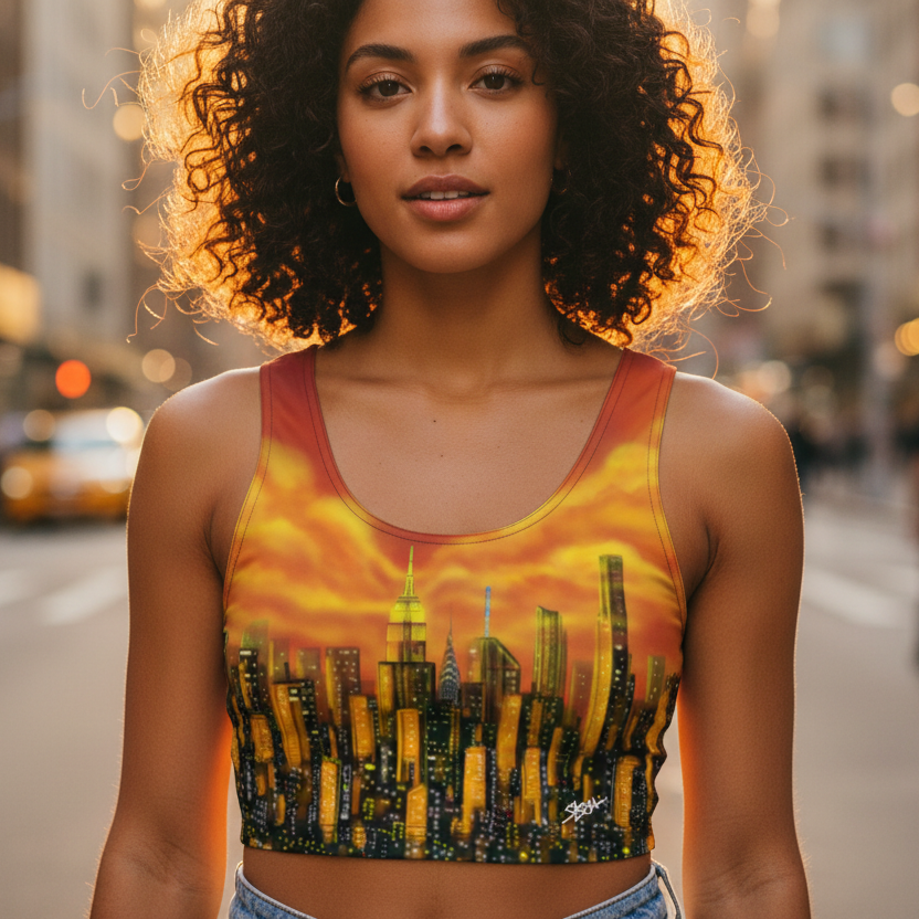 Woman wearing a Loria NYC Art colorful tank top with a cityscape design on a city street.