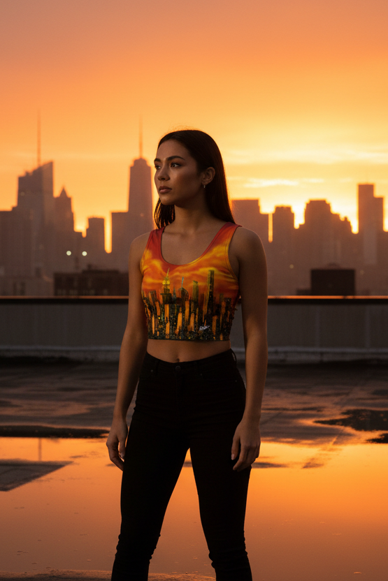 Woman standing on a rooftop wearing a Loria NYC Art city skyline shirt and sunset in the background