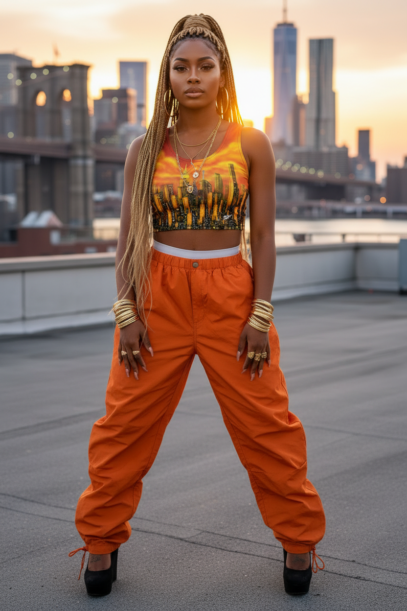 Woman in orange Loria NYC Art shirt with city skyline in the background