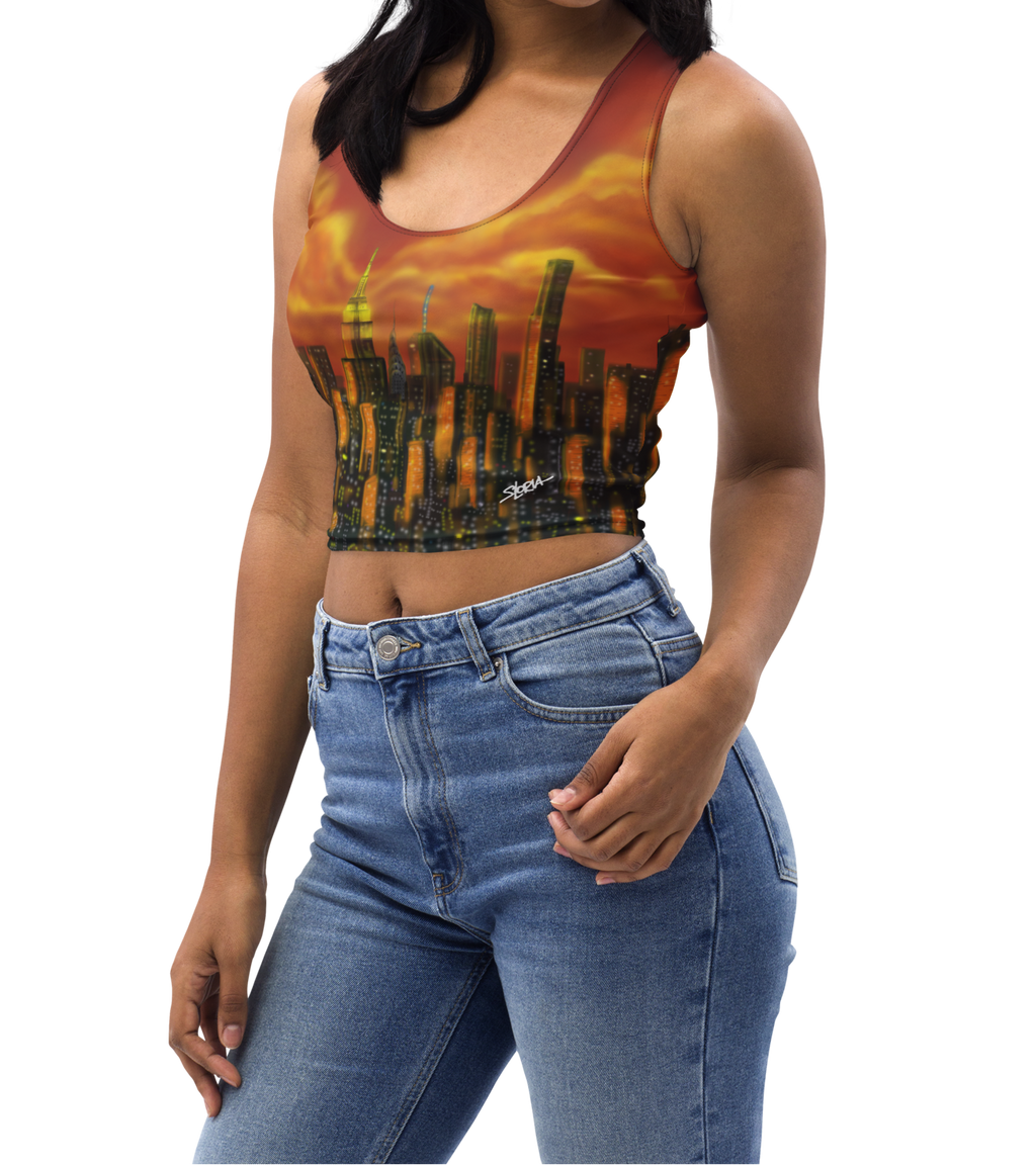 Woman wearing a tank top with a cityscape Loria NYC Art design on a white background