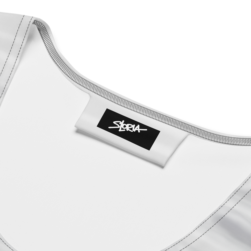 White athletic bra with a brand S.Loria label on a white background