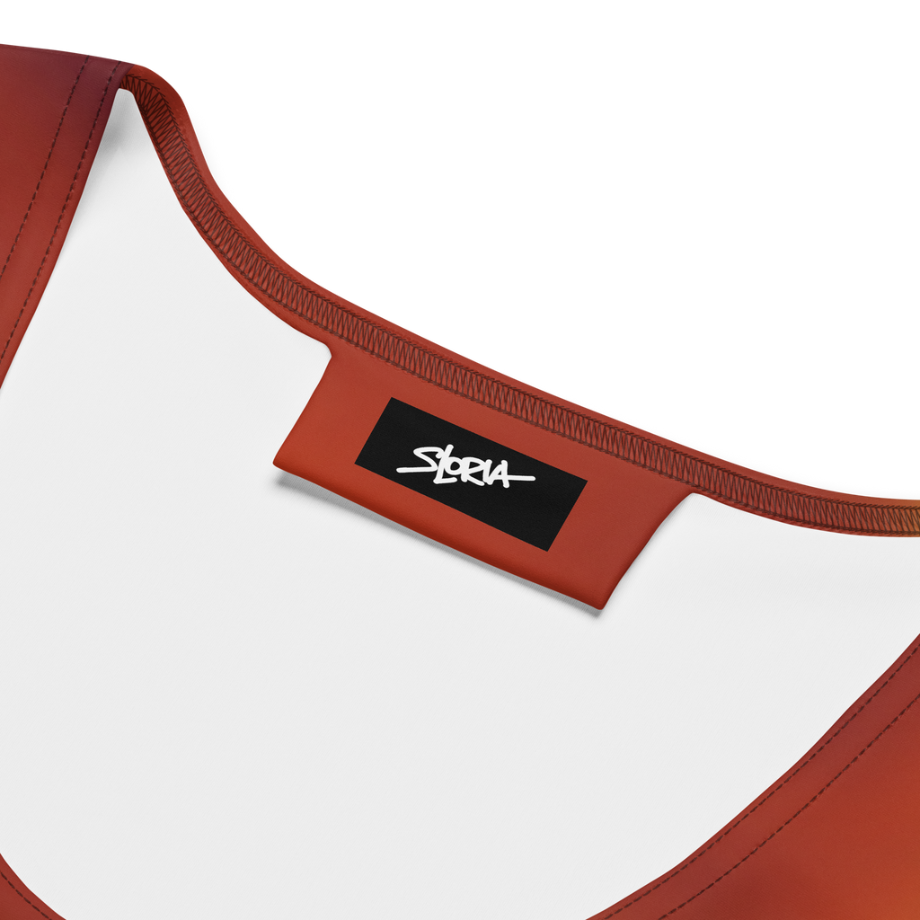 Close-up of a red and white sports bra with a visible S.Loria brand logo on a white background