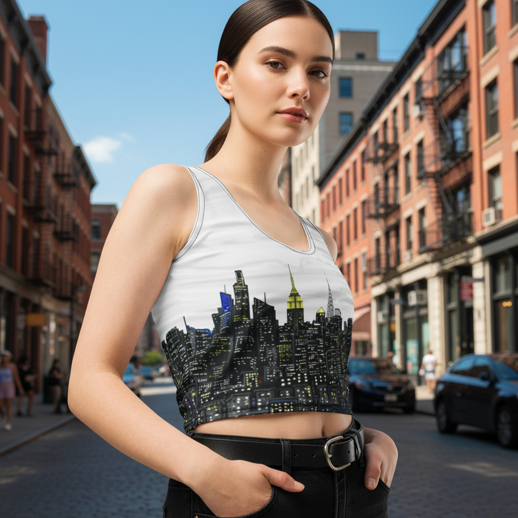 Woman wearing a Loria NYC Art tank top with a cityscape design on a urban background