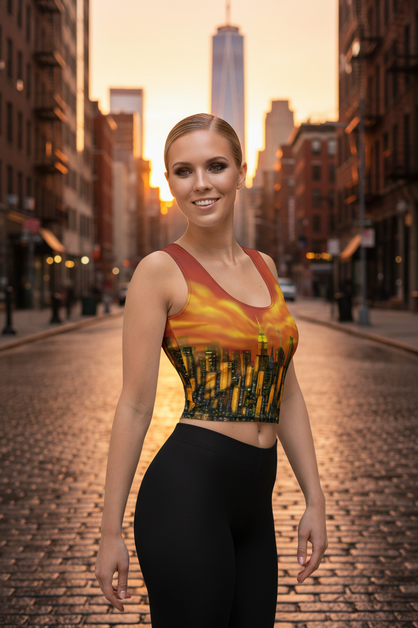 Woman wearing a sleeveless Loria NYC Art top with a cityscape design on a urbanbackground