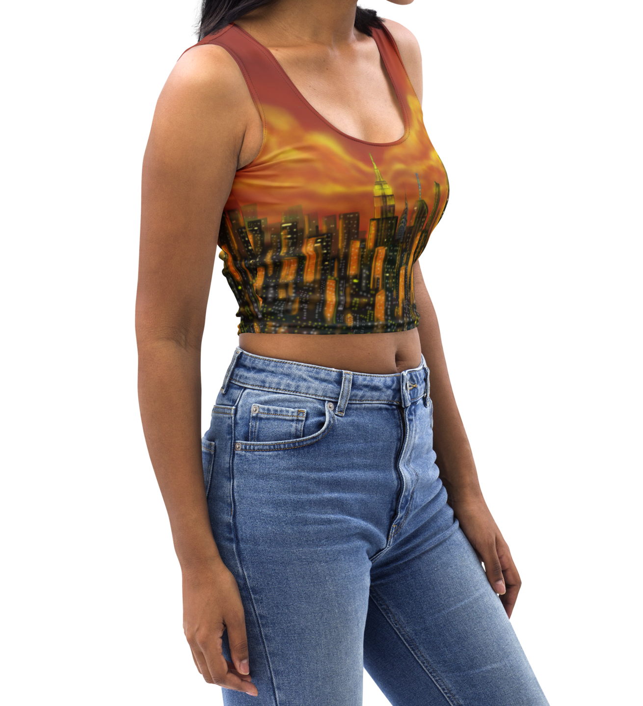 Woman wearing a colorful Loria NYC Art tank top and blue jeans on a white background