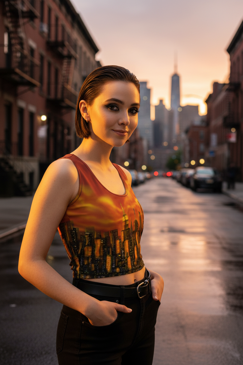 Woman wearing a sleeveless top with a cityscape Loria NYC Art design on a urban background