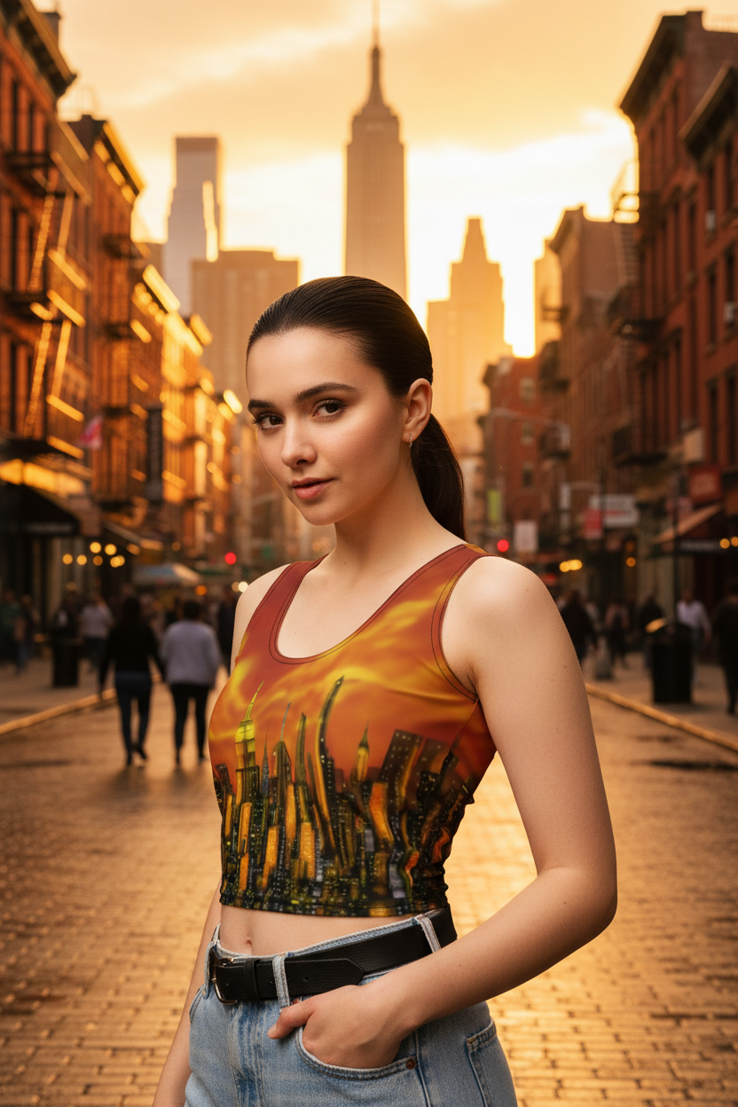 Women wearing a orange Loria NYC Art top with a sunset urban setting.