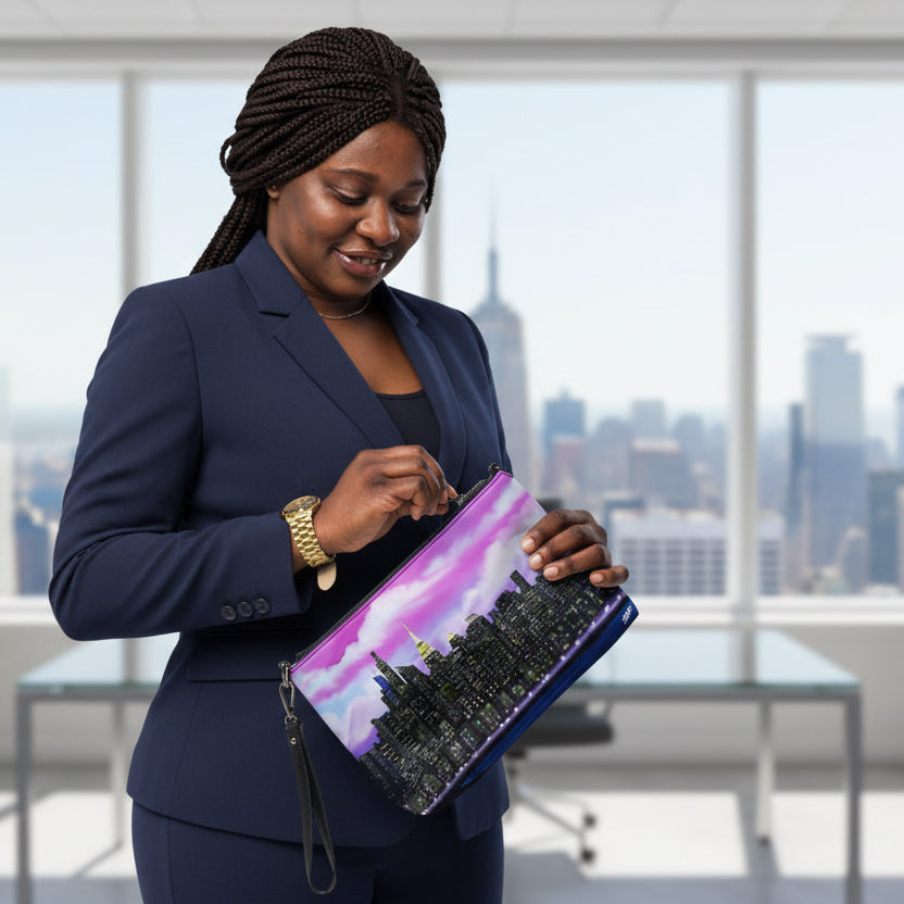 Lady posing with Crossbody bag with a Loria NYC Art city skyline design in office