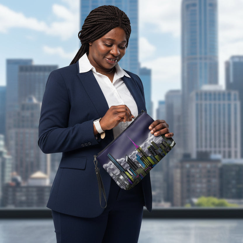 Woman holding a purple clutch with a cityscape design on a urban background