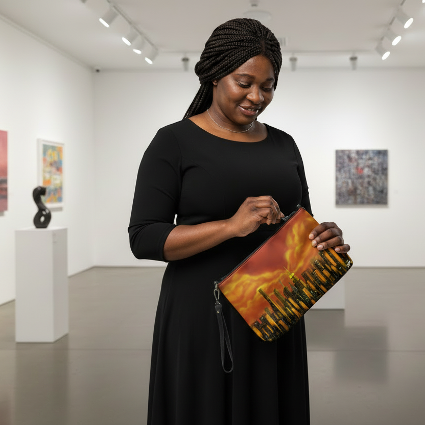 Woman holding a Loria NYC Art colorful clutch bag in an  a art gallery  